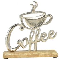 Metall Deko Coffee Silber Holz Sockel Natur 17,5x5x18cm