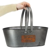 Artikel Pflanzkorb “Grünes Glück”, Metalldeko zum Bepflanzen, Gartendeko Silbern, Edelrost L40cm H15cm