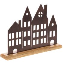 Artikel Häuserreihe Dekoration Metall 30cm mit Holzsockel kupferfarben