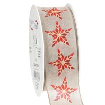 Artikel Dekoband Baumwolle Beigegrau Rote Sterne 40mm 15m mit Draht