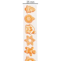 Artikel Polyester Geschenkband 25mm 18m Weiß Lebkuchen-Motive Weihnachtsdekoration