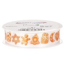 Artikel Polyester Geschenkband 25mm 18m Weiß Lebkuchen-Motive Weihnachtsdekoration