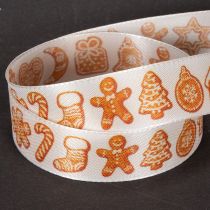 Artikel Polyester Geschenkband 25mm 18m Weiß Lebkuchen-Motive Weihnachtsdekoration