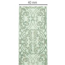 Artikel Geschenkband mit Drahtkanten 40mm 15m Salbeigrün Dunkelgrünes Muster Silberglitzer