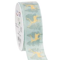 Artikel Geschenkband Stoff 40mm 18m Rentier Tannenbaum Hellblau/Gold