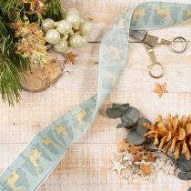 Artikel Geschenkband Stoff 40mm 18m Rentier Tannenbaum Hellblau/Gold