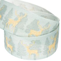 Artikel Geschenkband Stoff 40mm 18m Rentier Tannenbaum Hellblau/Gold