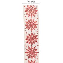 Artikel Dekoband mit Drahtkante Schneeflockenmotiv Weiß Rot 25mm x 20m