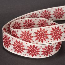 Artikel Dekoband mit Drahtkante Schneeflockenmotiv Weiß Rot 25mm x 20m