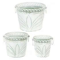 Artikel Blech-Kübel mit Prägung, Pflanzgefäß mit Henkeln Weiß, Grün Shabby Chic H22/19,5/17,5cm Ø25,5/20,5/15,5cm 3er-Set