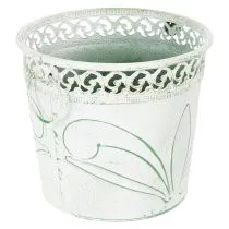 Artikel Blech-Kübel mit Prägung, Pflanzgefäß mit Henkeln Weiß, Grün Shabby Chic H22/19,5/17,5cm Ø25,5/20,5/15,5cm 3er-Set