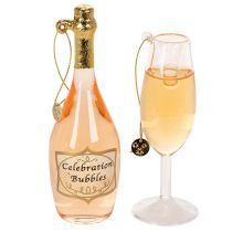 Artikel Baumanhänger-Set aus Glas Sektflasche und Sektglas, 14 cm, orange-gold, 2-teilig