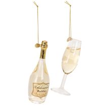 Artikel Sektflasche und Sektglas Anhänger aus Glas 14cm klar/gold 2-teilig