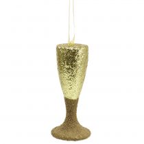 Aufhänger Champagnerglas Hellgold-Glitter 15cm Silvester und Weihnachten