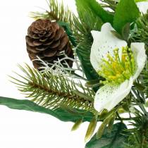 Künstlicher Christrosenstrauß mit Tanne und Zapfen H26cm