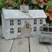 Windlicht Haus Metall, Deko für Weihnachten, Shabby Chic, Weiß gewaschen, Antik-Look H12,5cm L17,5cm