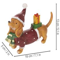 Artikel Dekofigur Dackel mit Geschenkpaket und Mütze aus Polyresin 18 cm x 5 cm x 13 cm