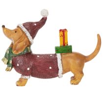 Artikel Dekofigur Dackel mit Geschenkpaket und Mütze aus Polyresin 18 cm x 5 cm x 13 cm