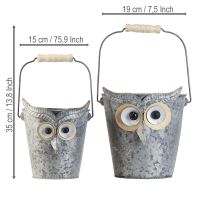 Artikel Zink Deko-Eimer Eule, Set aus 2, Henkel mit Holzgriff, Vielseitiger Übertopf Ø15/19cm