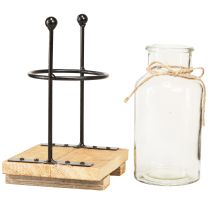 Artikel Deko Vasen Glas Flaschenvase auf Holz-Sockel 12×12×20cm Set 4St Vintage Metall