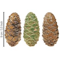 Artikel Deko Zapfen Keramik Set Grün Gelb Braun 8,5cm 6 St – Herbstdeko für Floristen