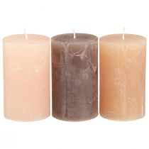 Artikel Durchgefärbte Stumpenkerzen 3-Farben-Set Braun, Apricot, Sand 60×100mm, 12er Pack