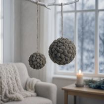 Artikel Hängedeko Erlenzapfen Kugel Weiß gewaschen 20cm mit Jute-Aufhänger