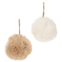 Artikel Deko-Pompons aus Kunstfell zum Aufhängen 7 cm Weiß und Beige 6er-Set