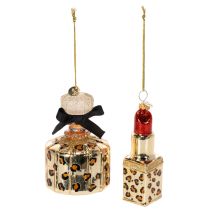 Artikel Christbaumschmuck-Set Glas Parfumflakon und Lippenstift Leopardenmuster 6x10cm, 3x11cm