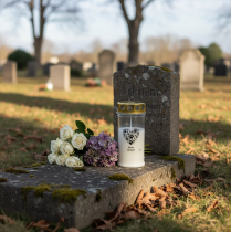 Artikel Grabkerze Hund Herz aus Pfoten Weiß Gold Ø7cm H16,5cm - Andenken