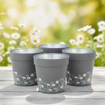 Artikel Grauer Blumentopf mit Blumenmuster aus Metall 13cm im 4er-Set