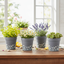 Artikel Grauer Blumentopf mit Blumenmuster aus Metall 13cm im 4er-Set