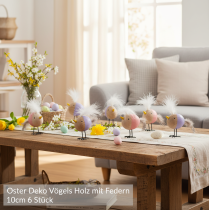Artikel Deko Holzvögel mit Federn in Lila und Rosa für Tisch- und Frühjahrsdekoration, 10 cm, 6er-Set