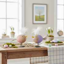 Artikel Deko Holzvögel mit Federn in Lila und Rosa für Tisch- und Frühjahrsdekoration, 10 cm, 6er-Set