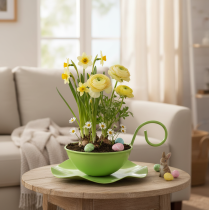 Artikel Metall Deko Tasse mit Unterteller Hellgrün für Floristen, Highlight für Frühling