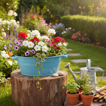 Artikel Metall Deko-Blumenschale Blau Ø33,5cm mit Griffen für Event-Dekoration
