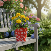 Artikel Übertopf Rot Weiß Blumentopf geblümt Metall Ø12,5cm H11,5cm