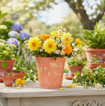 Artikel Blumentopf mit Blumen Dekor Apricot Gelb Ø10,5cm H10,5cm