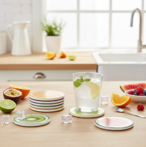 Artikel Obst Untersetzer Set 6-teilig Fruchtmotive Keramik Korkboden 10cm