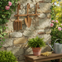 Artikel Hakenleiste Gartenwerkzeuge, Gartendeko, Harke Spaten Rechen, Garderobe aus Metall Edelrost L33,5cm