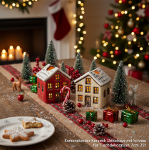 Artikel Kerzenständer aus Keramik in Hausform mit Schnee, 7 cm, 2 Stück, rot und beige
