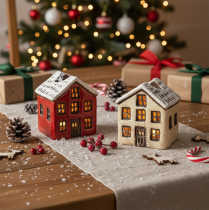 Artikel Kerzenständer aus Keramik in Hausform mit Schnee, 7 cm, 2 Stück, rot und beige