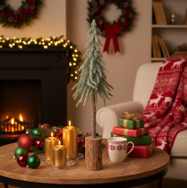 Artikel Künstlicher Tannenbaum 60 cm mit Holzsockel und geeister Optik für Innenbereich