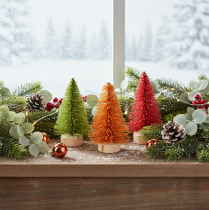 Artikel Miniatur Tannenbaum 12cm Kunststoff Holzsockel 6 Stück bunt innen