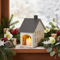 Artikel Lichthaus aus Metall 16cm Grau Beige Windlicht Hausform