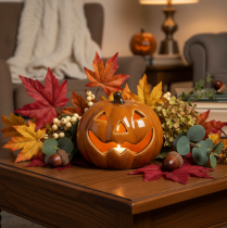 Artikel Keramik Kürbis mit LED, 10 cm, Orange, Halloween-Dekoration