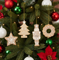 Artikel Weihnachtsanhänger Kunststoff Lebkuchenoptik 6cm Nussknacker Stern Baum Kranz 4er Set