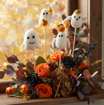 Artikel Geisterfiguren auf Holzstab 54cm Weiß Orange Halloween 8 Stück