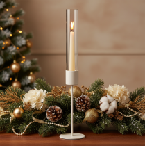 Artikel Kerzenhalter mit Glaszylinder und Metallfuß 50cm Taupe