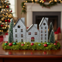 Artikel Fensterdeko Weihnachten, Windlicht, Diorama Hausreihe, Metalldeko Silbern Shabby Chic L20cm H20cm